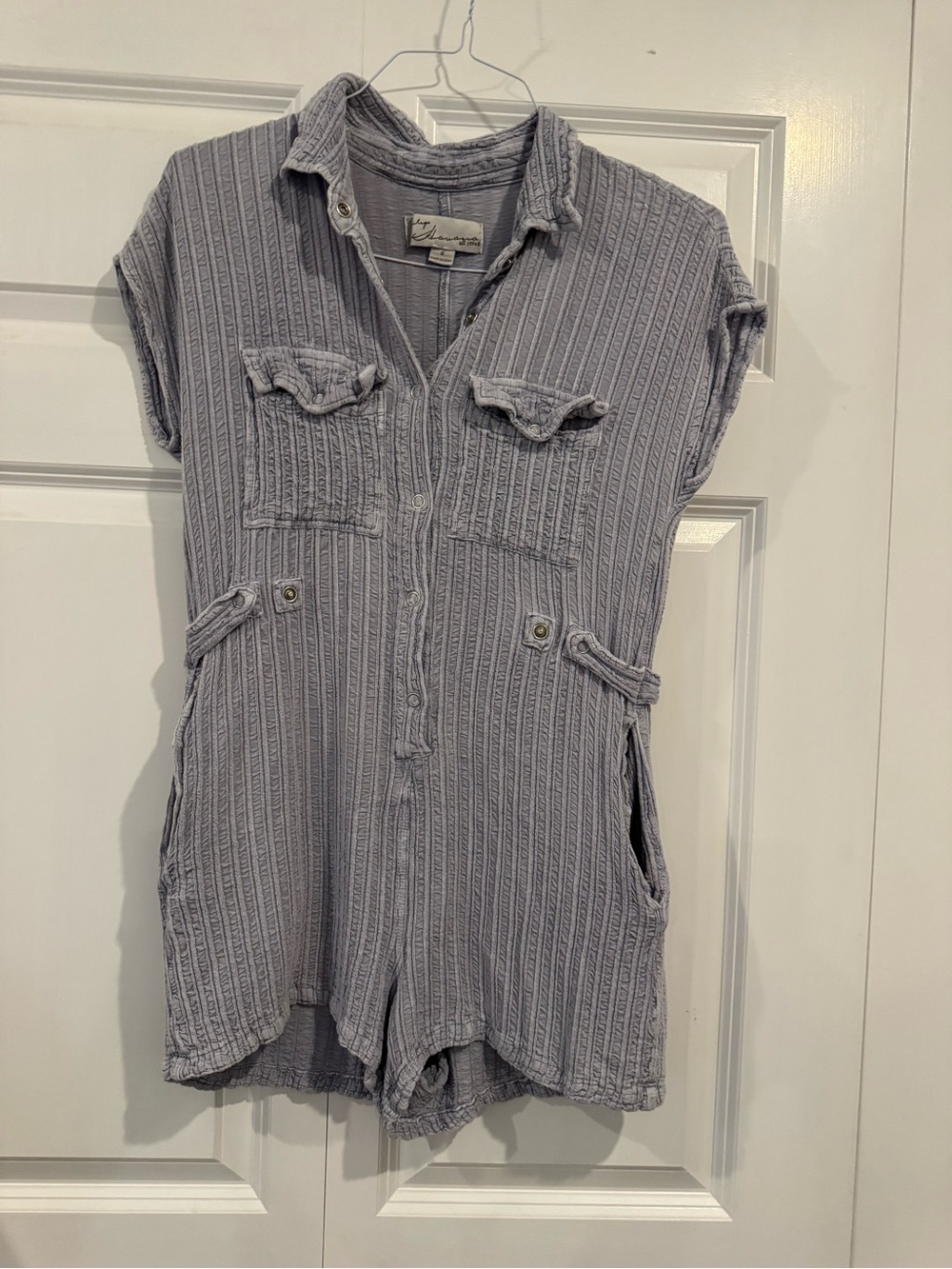 Vintage Havana Blue Textured Button-Down Romper Size Small - Picture 2 of 11